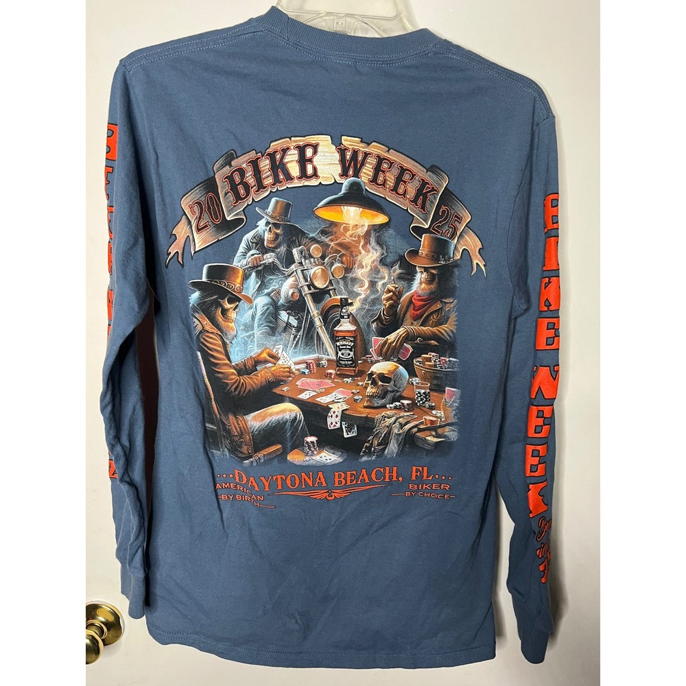 Mens Daytona Beach Bike Week 2025 Long Sleeve T Shirt skull cowboy poker western